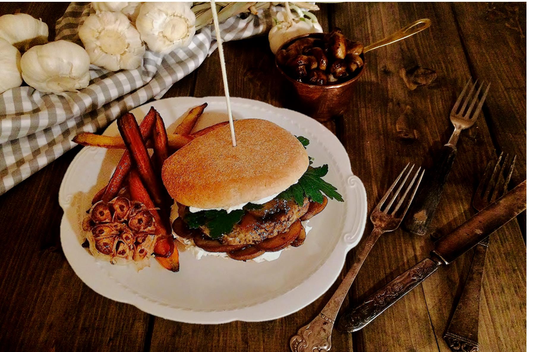 Jucy Venison Burger & Baked Rainbow Carrots